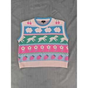 Debut Cropped Spring Sweater Vest Floral Dogs Strawberries Cherries Size S/M